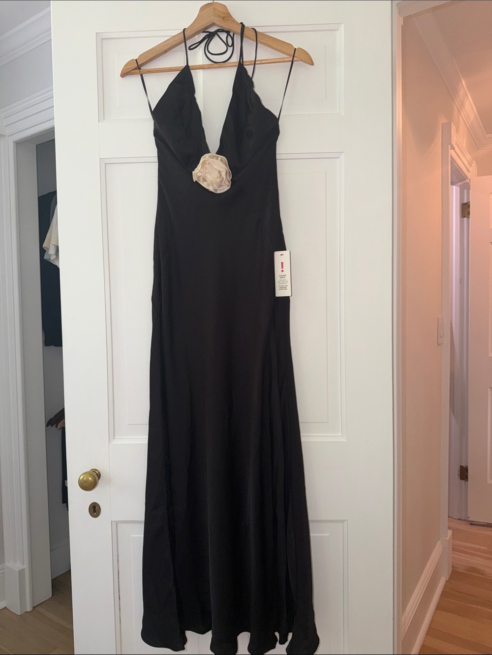 Bardot Black Maxi Halter Dress with Ivory Rosette